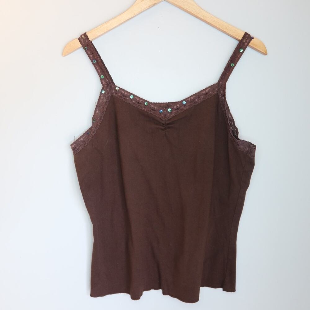 High Sierra Womens Sequin Lace Camisole Tank Top L Brown V-Neck Sleeveless 2000s